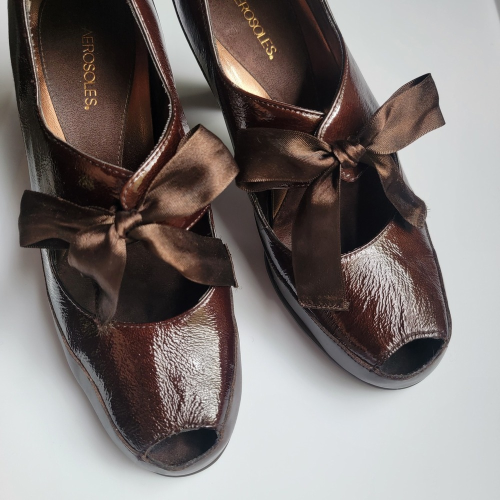 Aerosoles Choco Brown Leather Retro Peep Toe Mary Jane Bow High Heels Pumps 8.5